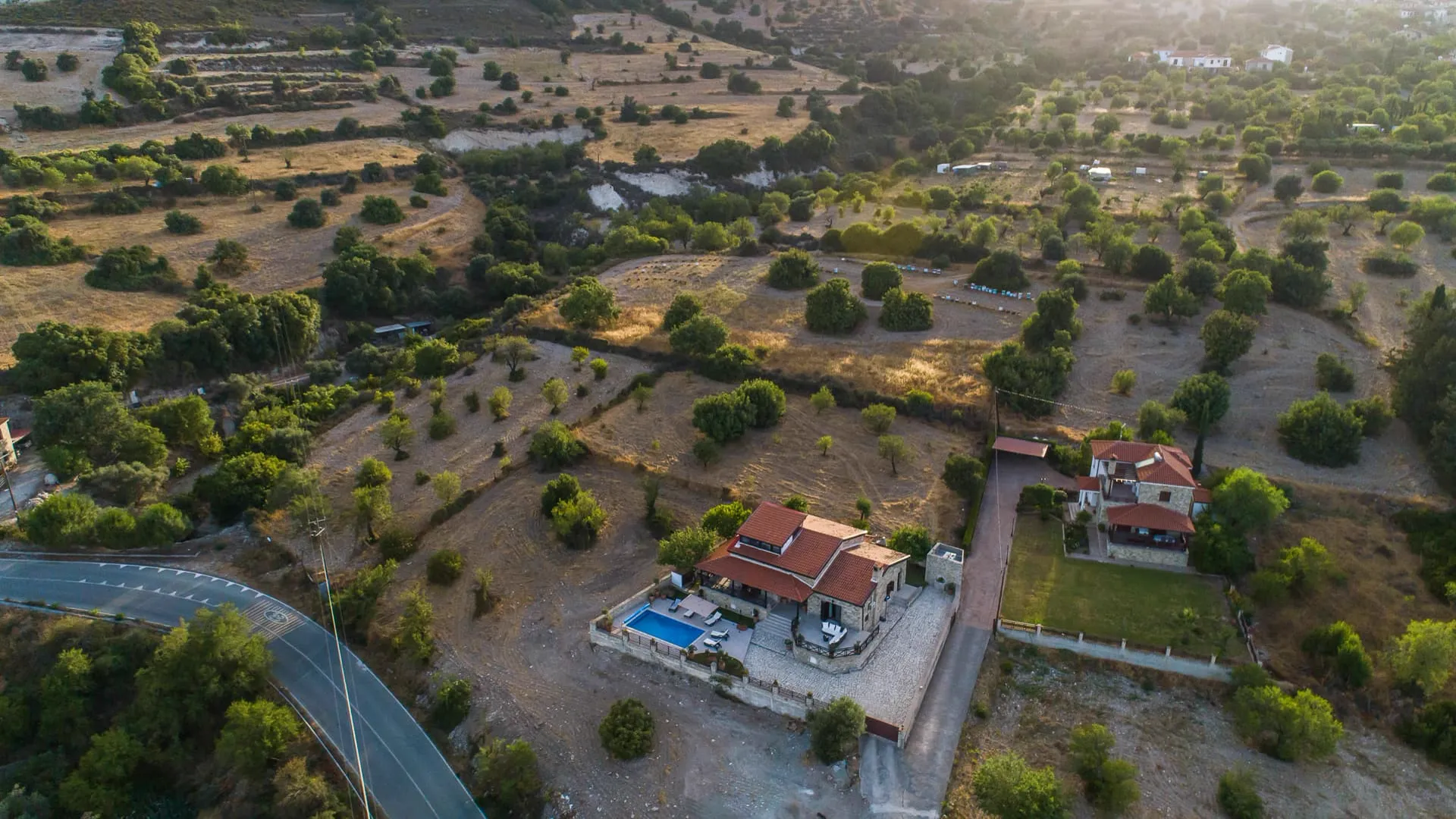 The villa among olive groves, aerial view