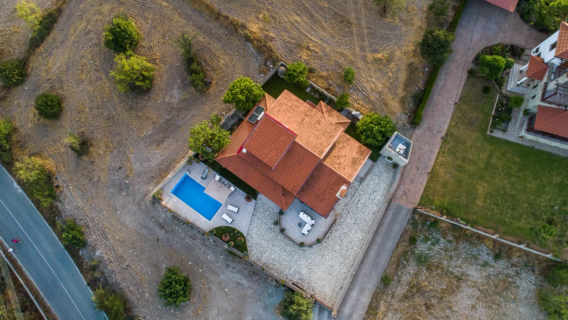 Top-down drone view of the villa and pool