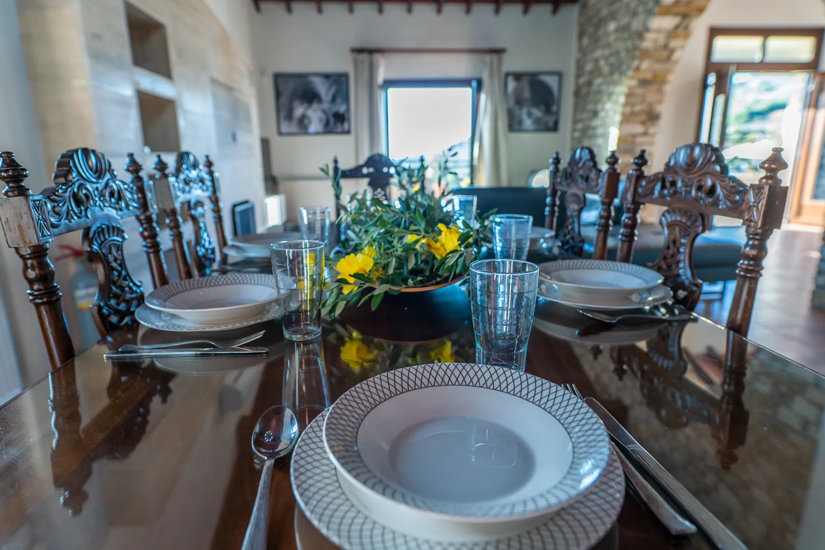 Dining table set for a meal