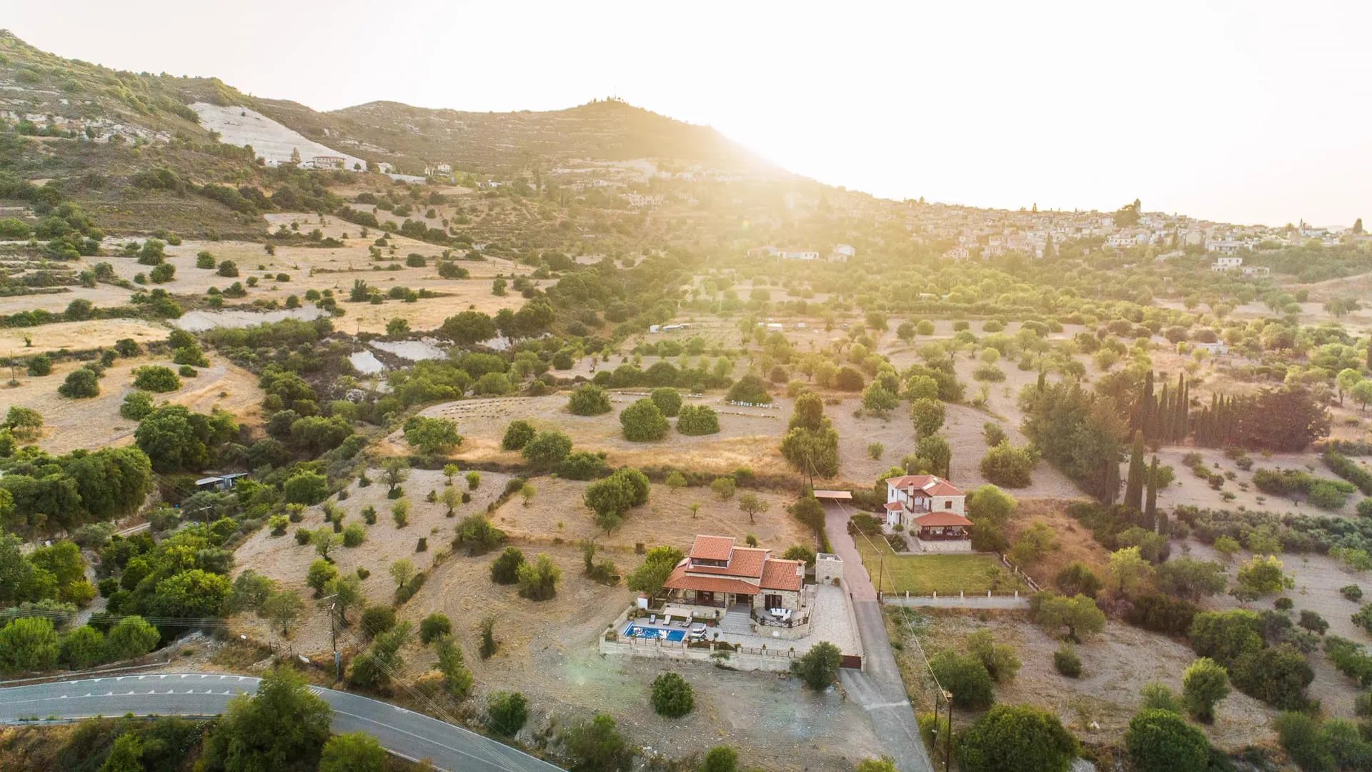 The valley around the villa at sunset